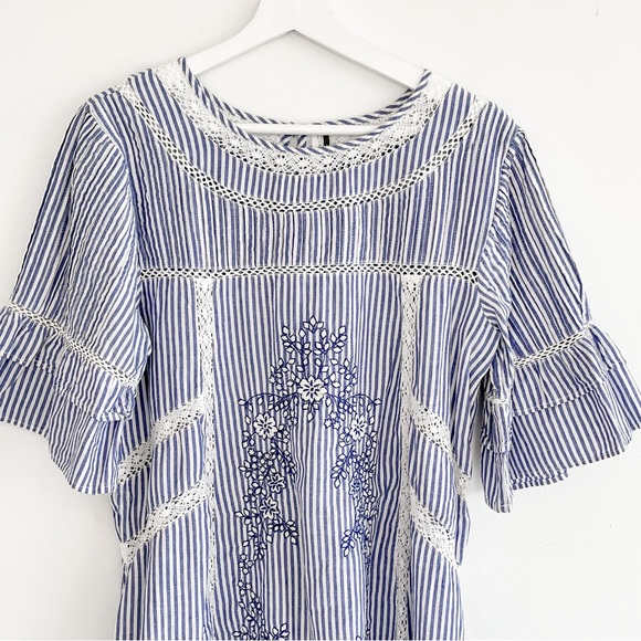 Free People Sunny Day Embroidery Crochet Striped Blue Mini Dress Medium - Picture 4 of 9